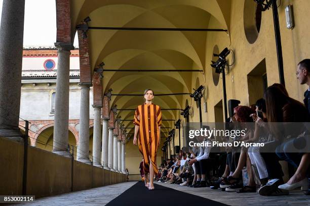 Model walks the runway at the Mila Schon show during Milan Fashion Week Spring/Summer 2018 on September 24, 2017 in Milan, Italy.