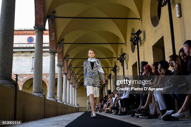 Model walks the runway at the Mila Schon show during Milan Fashion Week Spring/Summer 2018 on September 24, 2017 in Milan, Italy.