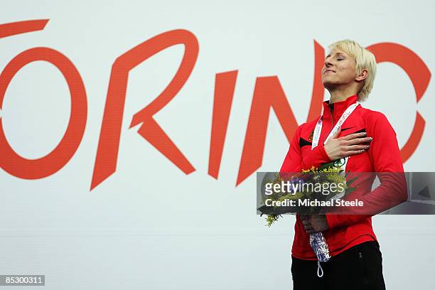 Ariane Friedrich of Germany poses with the gold medal for the Womens High Jump during day three of the European Athletics Indoor Championships at the...