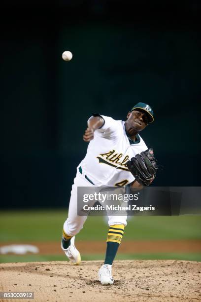 Jharel Cotton of the Oakland Athletics pitches during the game against the Houston Astros at the Oakland Alameda Coliseum on September 8, 2017 in...