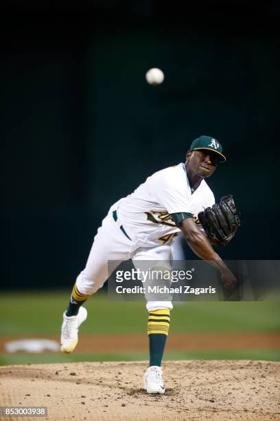 Jharel Cotton of the Oakland Athletics pitches during the game against the Houston Astros at the Oakland Alameda Coliseum on September 8, 2017 in...