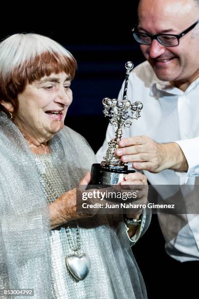 Agnes Varda receives Donostia Award during 65th San Sebastian Film Festival on September 24, 2017 in San Sebastian, Spain.