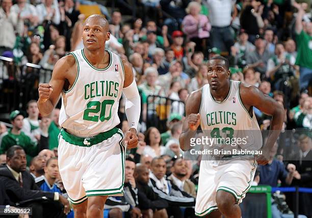 Ray Allen of the Boston Celtics celebrates after scoring against the Orlando Magic on March 8, 2009 at the TD Banknorth Garden in Boston,...