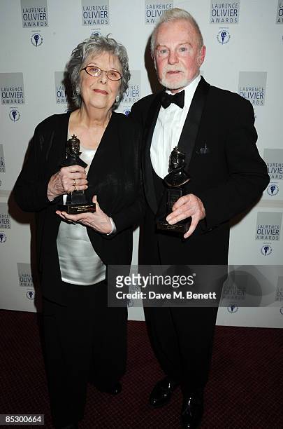Margaret Tyzack and Derek Jacobi pose with their Best Actress Award and Best Actor Award during The Laurence Olivier Awards, at The Grosvenor House...