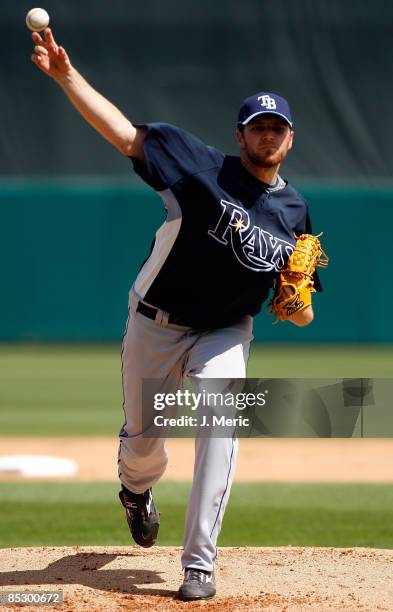 Pitcher Wade Davis of the Tampa Bay Rays pitches against the Boston Red Sox during a Grapefruit League Spring Training Game at City of Palms Park on...