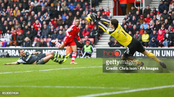 Stoke City's Asmir Begovic saves a shot from Southampton's Nathaniel Clyne during the Barclays Premier League match at St Marys, Southampton.