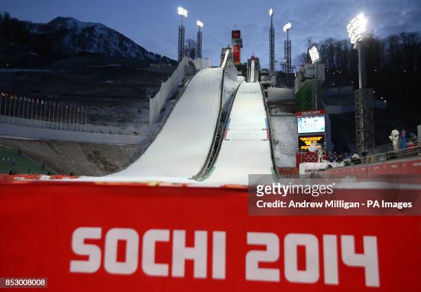 General view of the RusSki Gorki Jumping Center on day one of the Sochi Winter Olympic Games during the 2014 Sochi Olympic Games in Krasnaya Polyana,...
