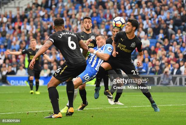 Tomer Hemed of Brighton and Hove Albion scores their first goal during the Premier League match between Brighton and Hove Albion and Newcastle United...