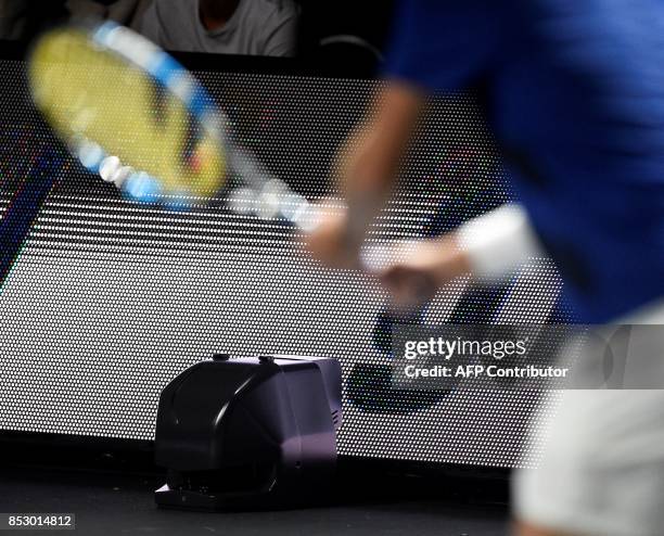 Laser , part of new line-calling technology system Foxtenn is pictured during the ATP Moselle Open final tennis on September 24, 2017 in Metz,...