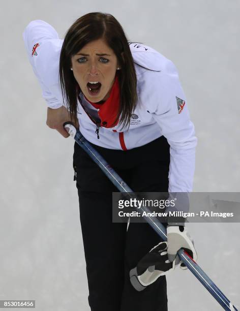 Great Britain's Skip Eve Muirhead shouts to her team during their Curling Round Robin match at the Ice Cube Curling Centre during the 2014 Sochi...