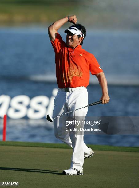 Yang celebrates by after sinking the final putt and winning The Honda Classic at PGA National Resort and Spa on March 8, 2009 in Palm Beach Gardens,...