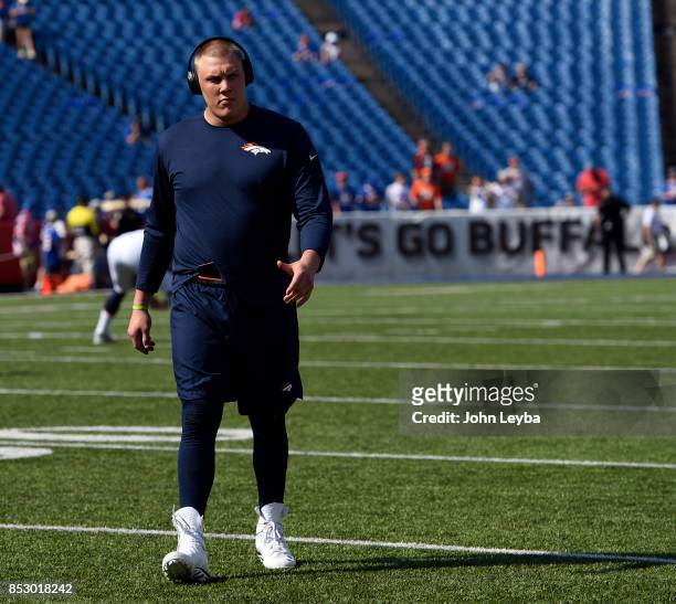Denver Broncos offensive tackle Garett Bolles out on the field during pregame prior to the game against the Buffalo Bills on September 24, 2017 at...