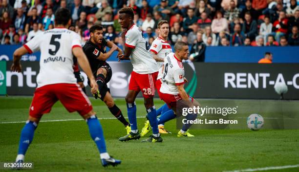 Kevin Volland of Bayer Leverkusen scores his teams first goal during the Bundesliga match between Bayer 04 Leverkusen and Hamburger SV at BayArena on...