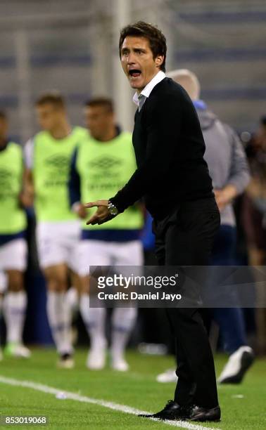 Guillermo Barros Schelotto coach of Boca Juniors reacts during a match between Velez Sarsfield and Boca Juniors as part of the Superliga 2017/18 at...