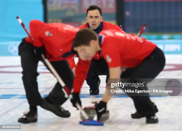 Great Britain's captain David Murdoch in the Curling Round Robin Session 3 at the Ice Cube Curling Centre during the 2014 Sochi Olympic Games in...