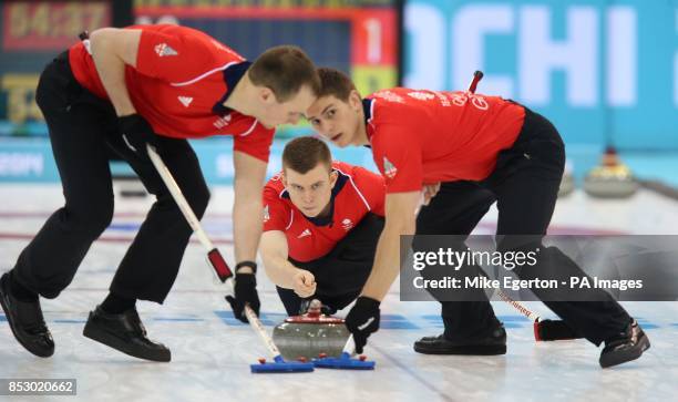 Great Britain's Greg Drummond in the Curling Round Robin Session 3 at the Ice Cube Curling Centre during the 2014 Sochi Olympic Games in Krasnaya...