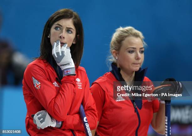 Great Britain's captain Eve Muirhead and Anna Sloan in the Curling Round Robin Session 3 at the Ice Cube Curling Centre during the 2014 Sochi Olympic...