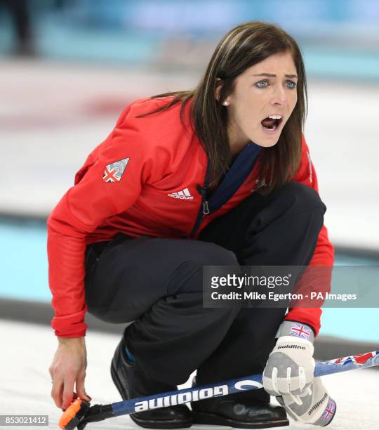 Great Britain's captain Eve Muirhead in the Curling Round Robin Session 3 at the Ice Cube Curling Centre during the 2014 Sochi Olympic Games in...