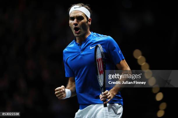 Roger Federer of Team Europe reacts during his mens singles match against Nick Kyrgios of Team World on the final day of the Laver cup on September...
