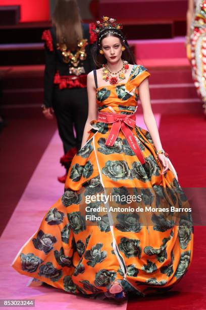 Model walks the runway at the Dolce & Gabbana show during Milan Fashion Week Spring/Summer 2018 on September 24, 2017 in Milan, Italy.