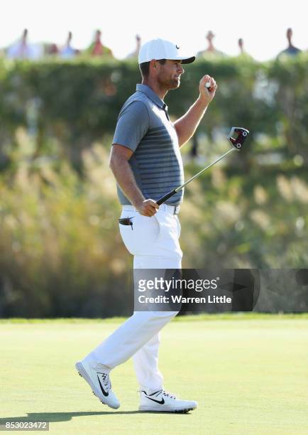 Lucas Bjerregaard of Denmark celebrates victory on the 18th green during day four of the Portugal Masters at Dom Pedro Victoria Golf Club on...
