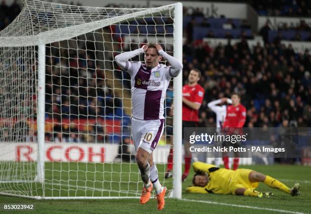 Aston Villa's Andreas Weimann shows his dejection after great save by Cardiff City goalkeeper David Marshall during the Barclays Premier League match...