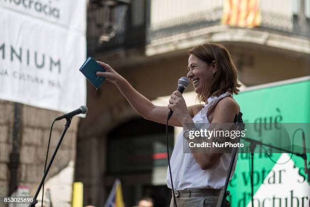 Marta Madrenas, mayor of Girona, speaks in front of the Girona's city hall, Spain, on 24 September 2017 to protest against the attacks of the Spanish...