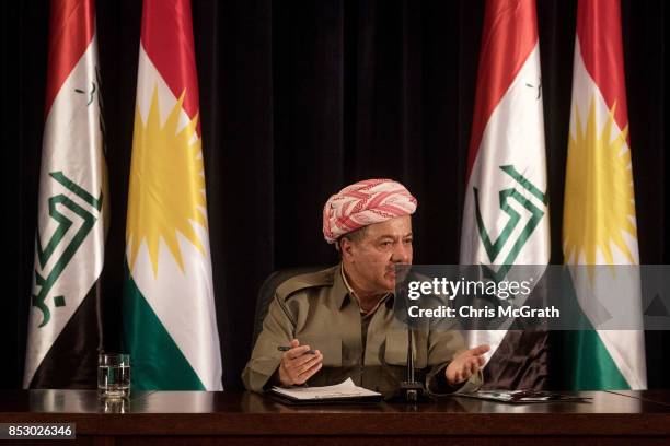 Kurdistan President Masoud Barzani speaks to the media at a press conference on September 24, 2017 in Erbil, Iraq. President Barzani announced that...