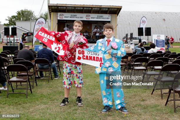 Two young fans dressed up as hockey commentator Don Cherry for the Kraft Hockeyville Canada celebrations at O'Leary Community Sports Centre on...