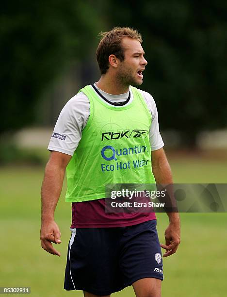 Brett Stewart of the Sea Eagles speaks to teammates during for a Manly Warringah Sea Eagles NRL training session at the NSW Academy of Sport in...