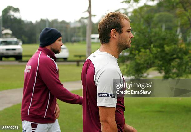 Brett Stewart of the Sea Eagles arrives with his brother and team-mate Glenn Stewart for a Manly Warringah Sea Eagles NRL training session at the NSW...