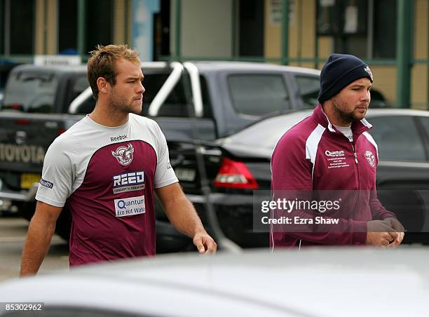 Brett Stewart of the Sea Eagles arrives with his brother and team-mate Glenn Stewart for a Manly Warringah Sea Eagles NRL training session at the NSW...