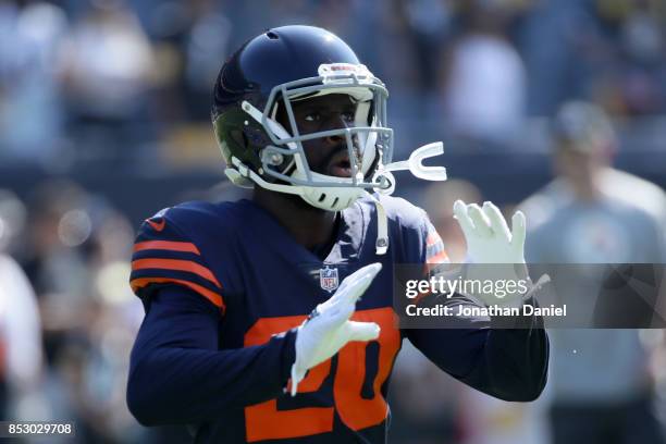 Prince Amukamara of the Chicago Bears warms up prior to the game against the Pittsburgh Steelers at Soldier Field on September 24, 2017 in Chicago,...