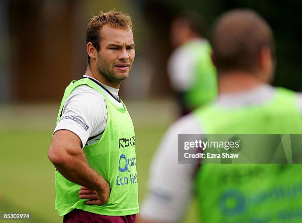 Brett Stewart of the Sea Eagles speaks to teammates during for a Manly Warringah Sea Eagles NRL training session at the NSW Academy of Sport in...