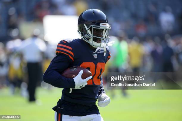 Prince Amukamara of the Chicago Bears warms up prior to the game against the Pittsburgh Steelers at Soldier Field on September 24, 2017 in Chicago,...