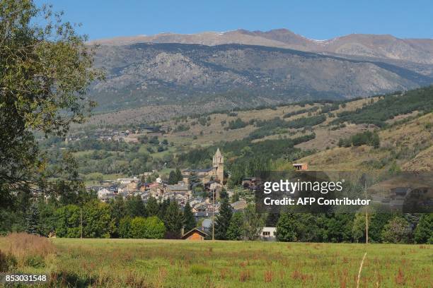 Picture taken on September 23, 2017 in the French Pyrenees shows the city of Llivia, a Spanish enclave that remained in France following the 1660...
