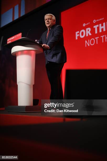 First Minister of Wales Carwyn Jones speaks in the main hall during day one of the Labour Party Conference on September 24, 2017 in Brighton,...