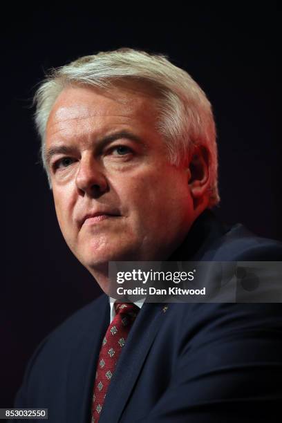 First Minister of Wales Carwyn Jones speaks in the main hall during day one of the Labour Party Conference on September 24, 2017 in Brighton,...