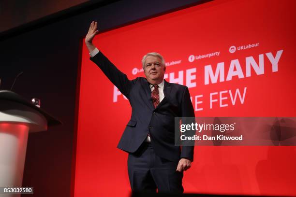 First Minister of Wales Carwyn Jones speaks in the main hall during day one of the Labour Party Conference on September 24, 2017 in Brighton,...