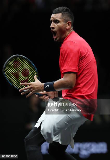 Nick Kyrgios of Team World reacts during his mens singles match against Roger Federer of Team Europe on the final day of the Laver cup on September...