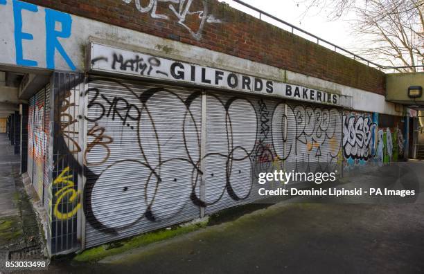 General view of a shuttered bakery on the Heygate Estate, in Elephant and Castle, in south London, which is in the process of being demolished.