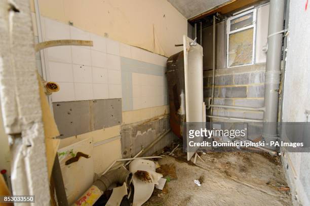 General view of a bathroom in an empty flat on the Heygate Estate, in Elephant and Castle, in south London, which is in the process of being...