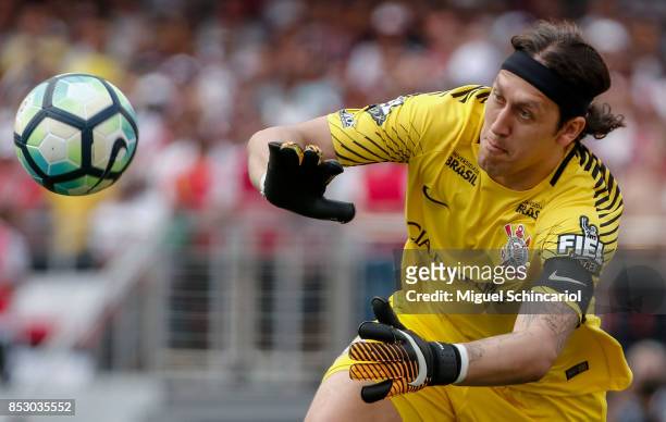 Goalkeeper Cassio of Corinthians saves a shot during the match between Sao Paulo and Corinthians for the Brasileirao Series A 2017 at Morumbi Stadium...