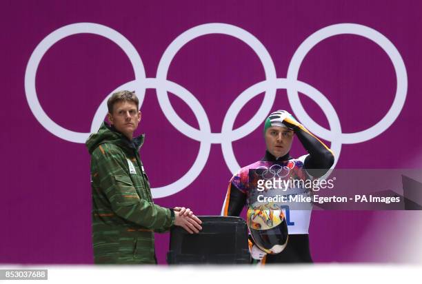 Ireland's Sean Greenwood waits to start race 3 of the Men's Skeleton Final at Sanki Sliding Centre during the 2014 Sochi Olympic Games in Krasnaya...