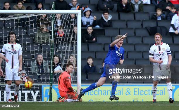Oldham Athletic's Adam Lockwood celebrates scoring the opening goal of the game during the Sky Bet League One match at Stadium:mk, Milton Keynes.