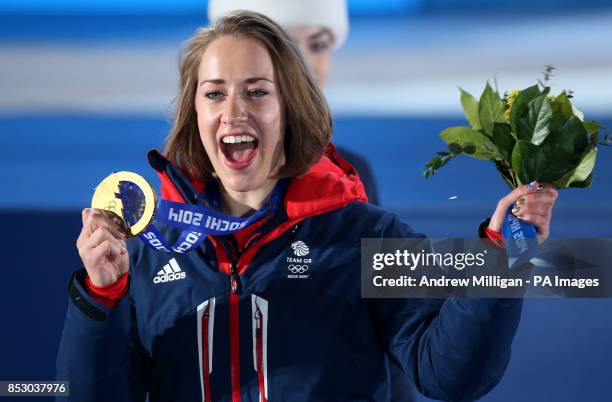 Great Britain's Lizzy Yarnold with her Gold medal she won in the Women's Skeleton, during the Medal Ceremony at the Medals Plaza, at the 2014 Sochi...