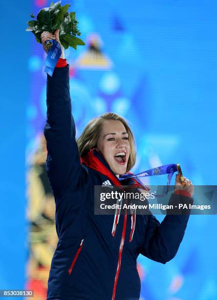 Great Britain's Lizzy Yarnold with her Gold medal she won in the Women's Skeleton, during the Medal Ceremony at the Medals Plaza, at the 2014 Sochi...