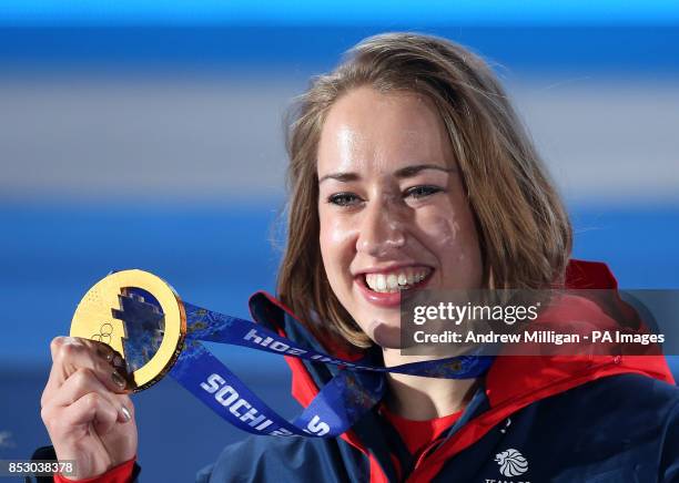 Great Britain's Lizzy Yarnold with her Gold medal she won in the Women's Skeleton, during the Medal Ceremony at the Medals Plaza, at the 2014 Sochi...