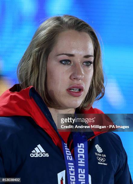Great Britain's Lizzy Yarnold becomes emotional during the Medal Ceremony where she received her Gold medal for the Women's Skeleton at the Medals...