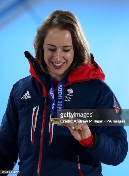 Great Britain's Lizzy Yarnold with her Gold medal she won in the Women's Skeleton, during the Medal Ceremony at the Medals Plaza, at the 2014 Sochi...